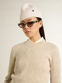 Cropped round-neck sweater beige wool with all-over crystals