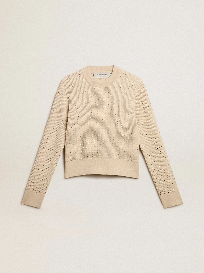 Cropped round-neck sweater beige wool with all-over crystals