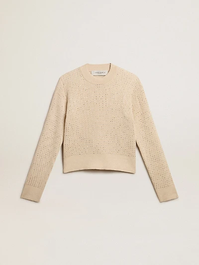 Cropped round-neck sweater beige wool with all-over crystals