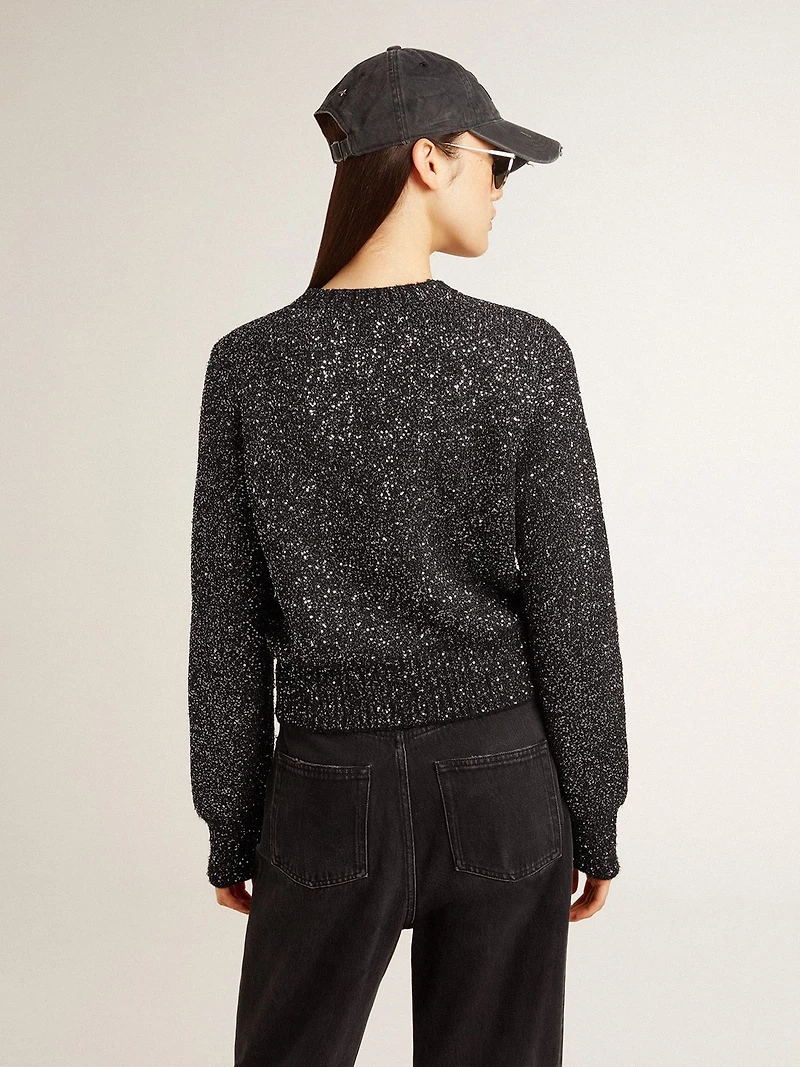 Women's black wool blend cropped sweater with all-over sequins