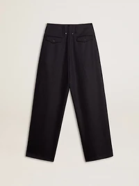 Women’s dark blue tailored trousers with vertical stripe
