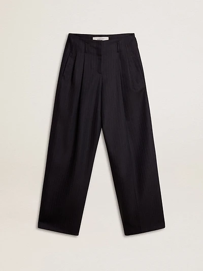Women’s dark blue tailored trousers with vertical stripe