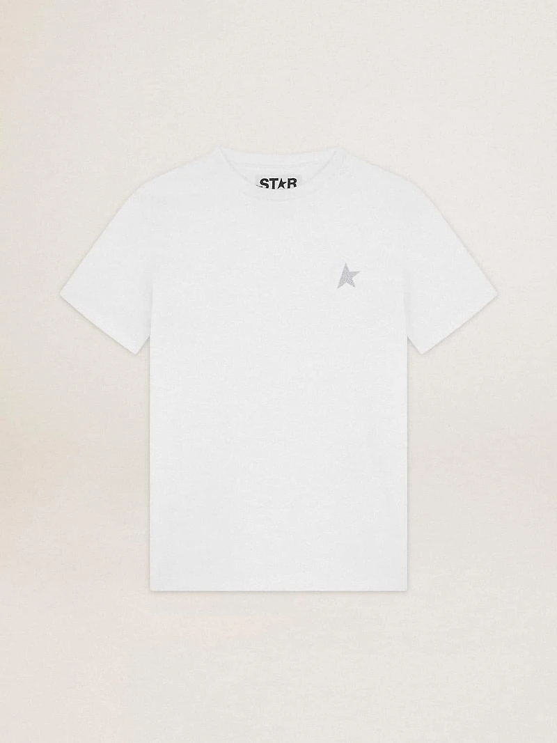 Women's white T-shirt with silver glitter star on the front