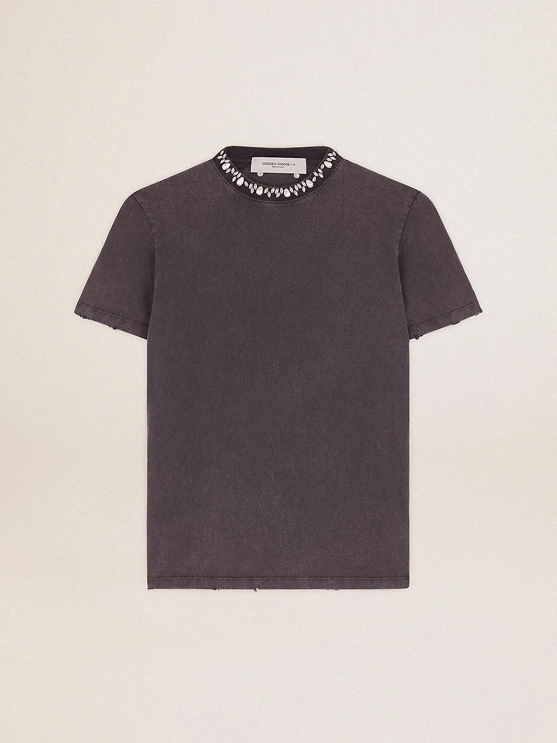 Women's anthracite gray T-shirt with crystals