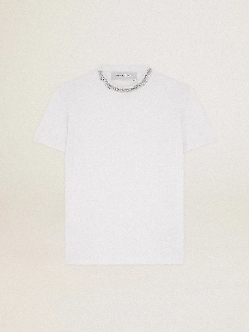 Women's white T-shirt with cabochon crystals