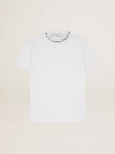 Women's white T-shirt with cabochon crystals