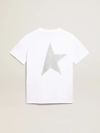 Women's white T-shirt with silver glitter logo and star