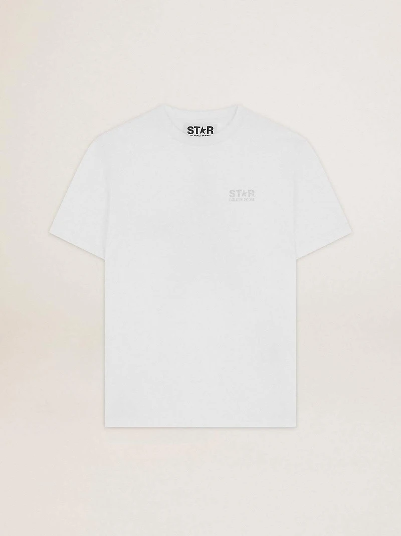 Women's white T-shirt with silver glitter logo and star