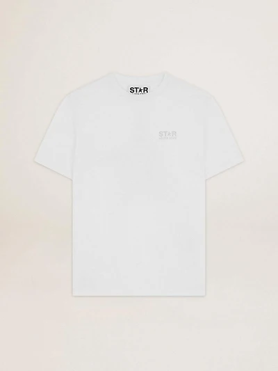 Women's white T-shirt with silver glitter logo and star