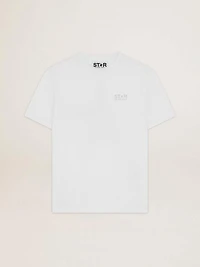 Women's white T-shirt with silver glitter logo and star