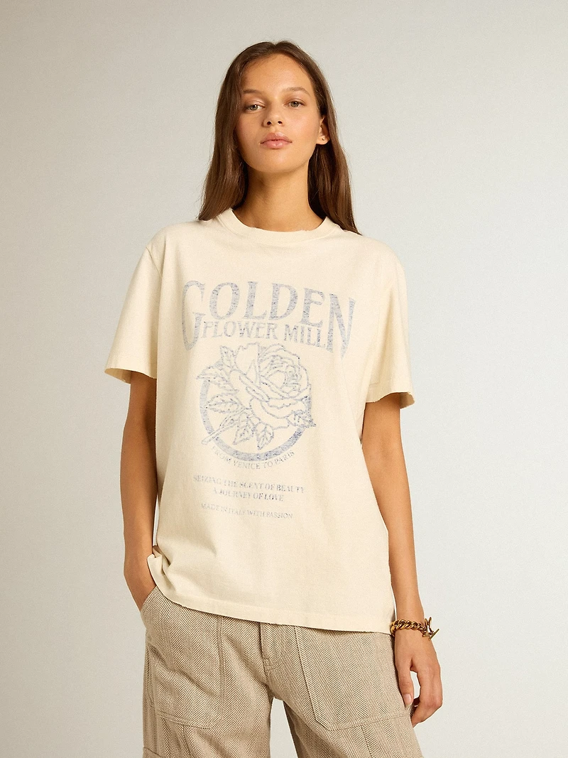 Women’s T-shirt aged white cotton with seasonal print