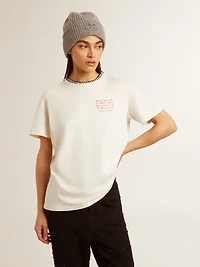 Women's aged white cotton T-shirt with hand embroidery