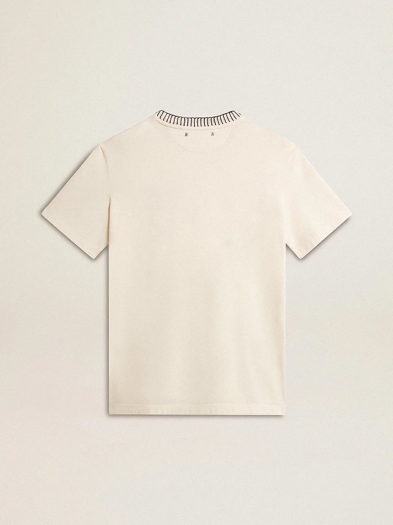 Women's aged white cotton T-shirt with hand embroidery