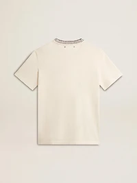 Women's aged white cotton T-shirt with hand embroidery