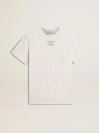 Women's worn-white cotton T-shirt with black lettering
