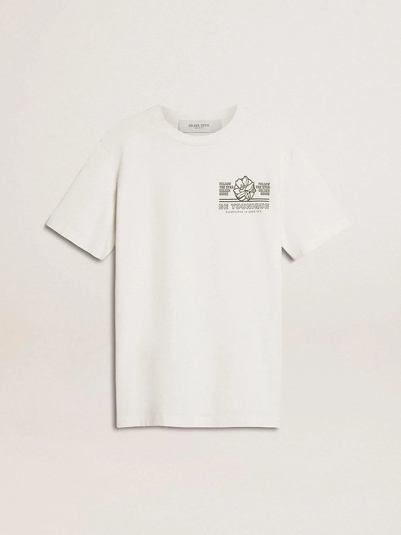 Women's white T-shirt with black print on the chest