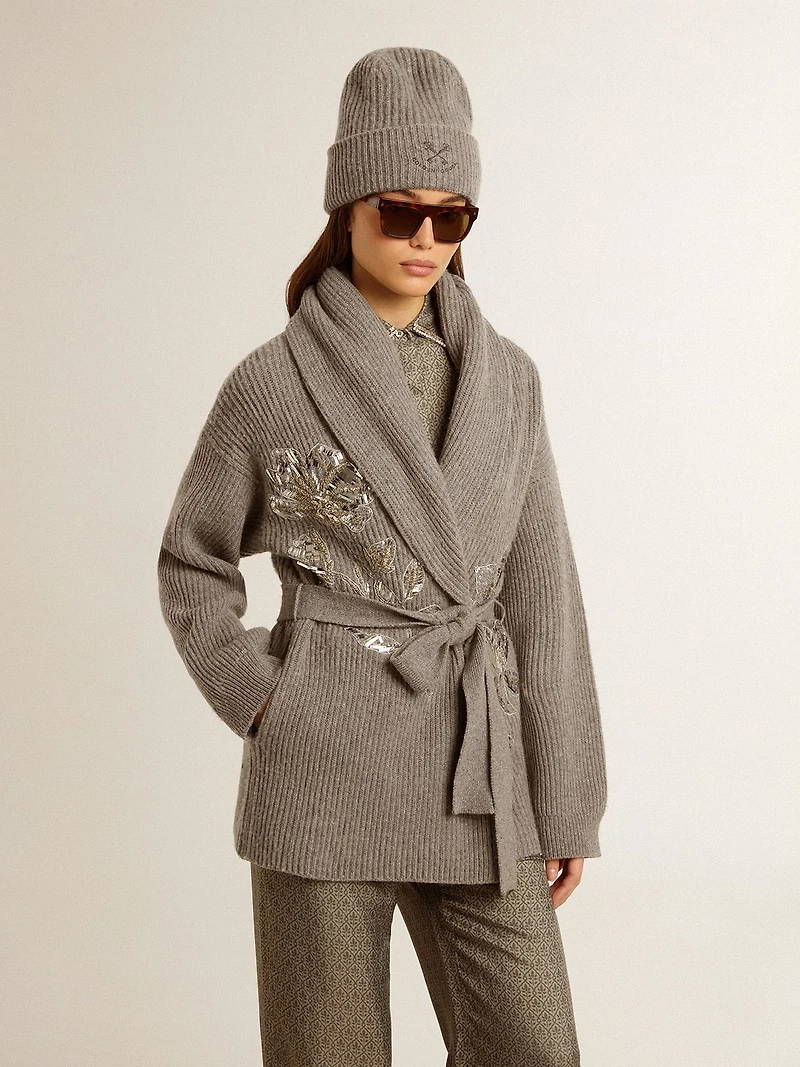 Women's cardigan in gray melange wool with embroidery on the front