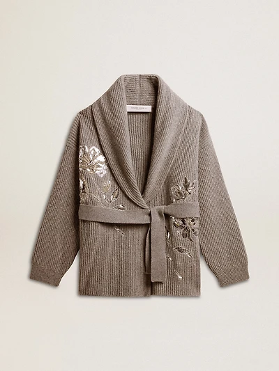 Women's cardigan gray melange wool with embroidery on the front