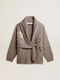 Women's cardigan in gray melange wool with embroidery on the front