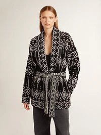 Women’s black cardigan with belt and crystals
