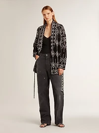 Women’s black cardigan with belt and crystals