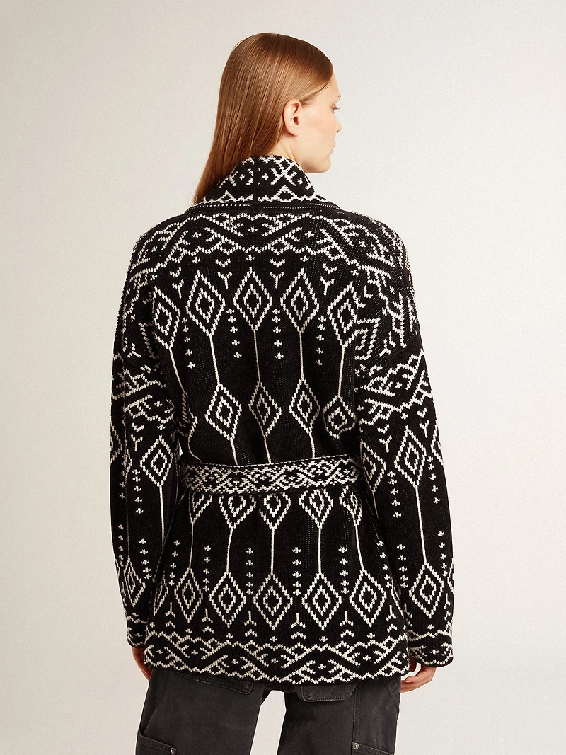 Women’s black cardigan with belt and crystals