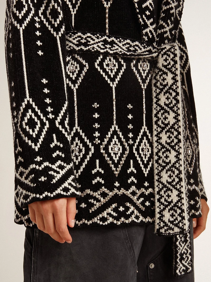 Women’s black cardigan with belt and crystals