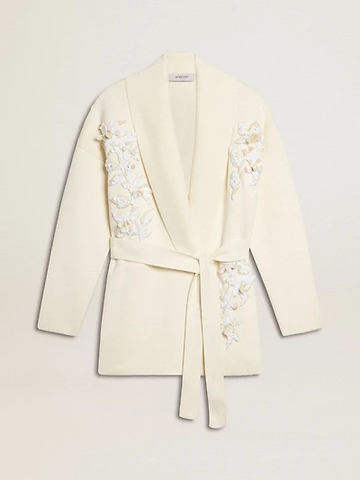 Women's cream-colored cotton cardigan with floral embroidery