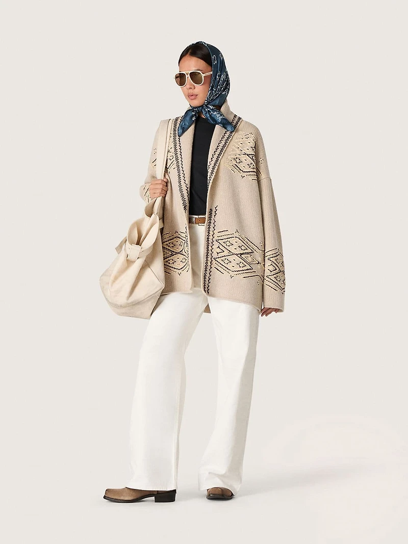 Women's belted cardigan beige wool blend with contrast embroidery