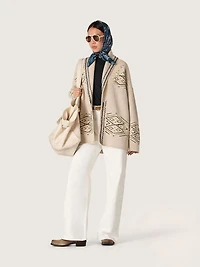 Women's belted cardigan beige wool blend with contrast embroidery