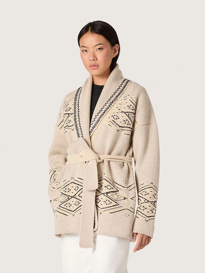 Women's belted cardigan beige wool blend with contrast embroidery