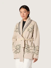 Women's belted cardigan beige wool blend with contrast embroidery