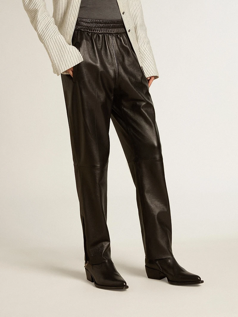 Black joggers nappa leather with zip at the base