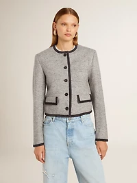 Women's grey wool and silk jacket with black suede trim