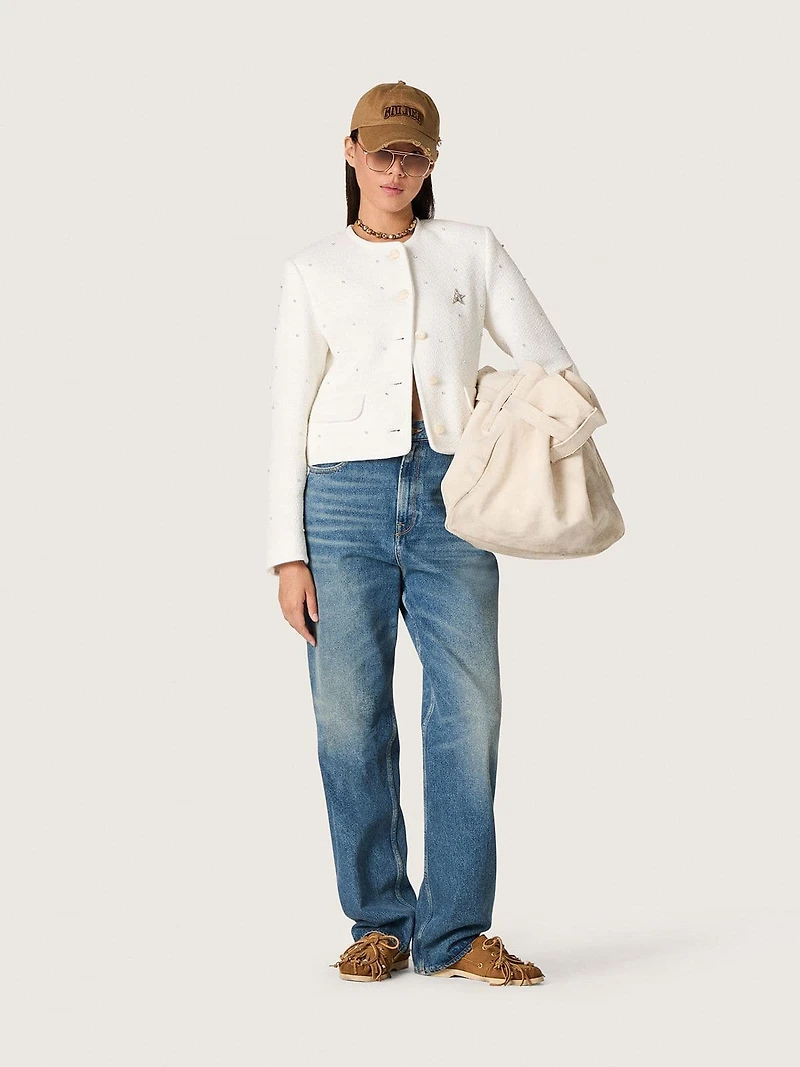 Women’s boxy jacket bouclé cotton with all-over beads