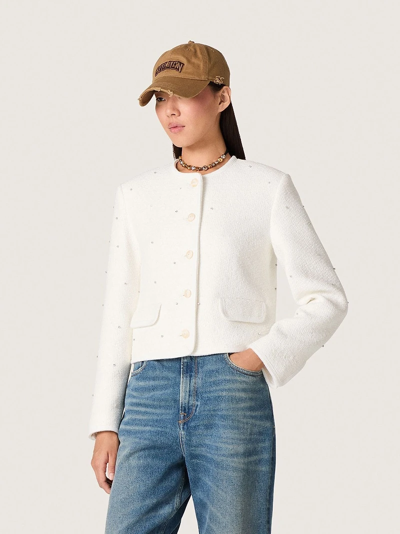 Women’s boxy jacket bouclé cotton with all-over beads