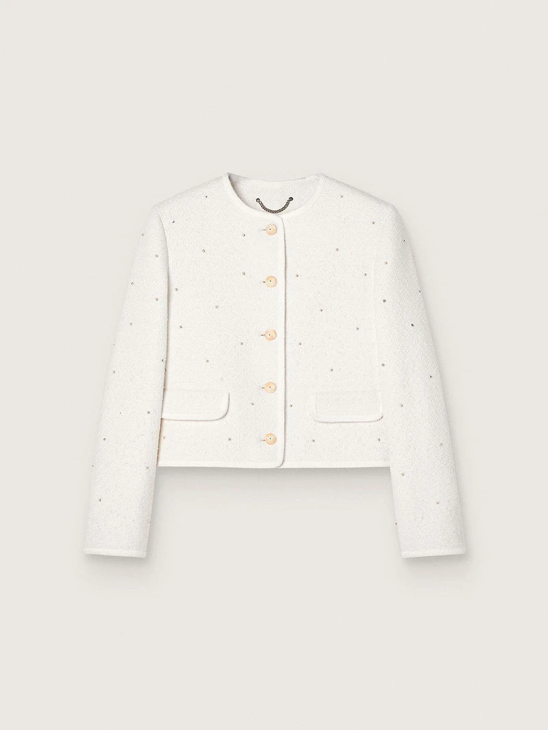 Women’s boxy jacket bouclé cotton with all-over beads