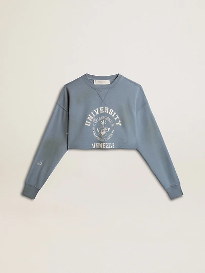 Cropped sweatshirt baby blue with distressed finish