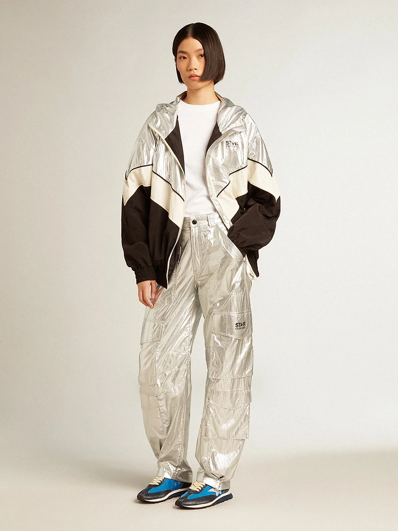 Women's windcheater silver and black technical fabric