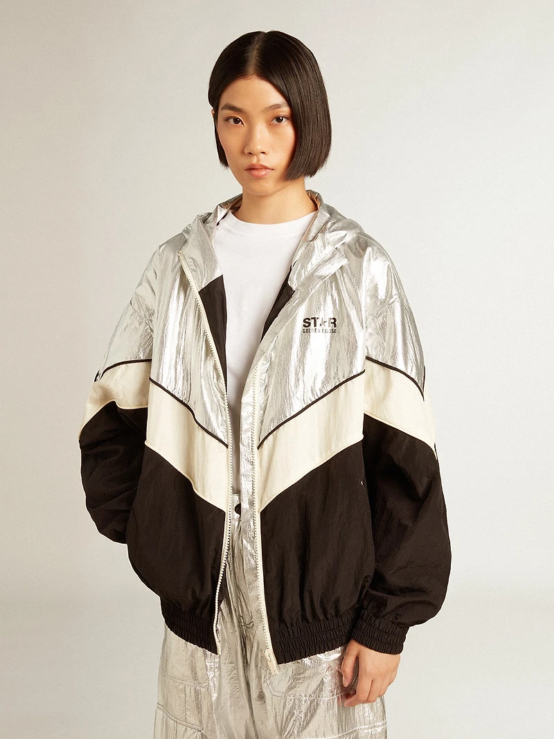 Women's windcheater silver and black technical fabric