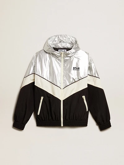 Women's windcheater silver and black technical fabric