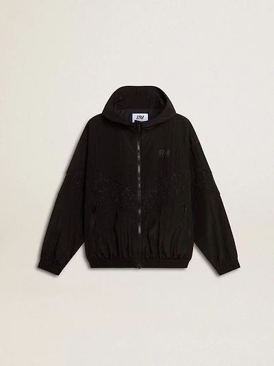 Women's windcheater black nylon with tone-on-tone crystals