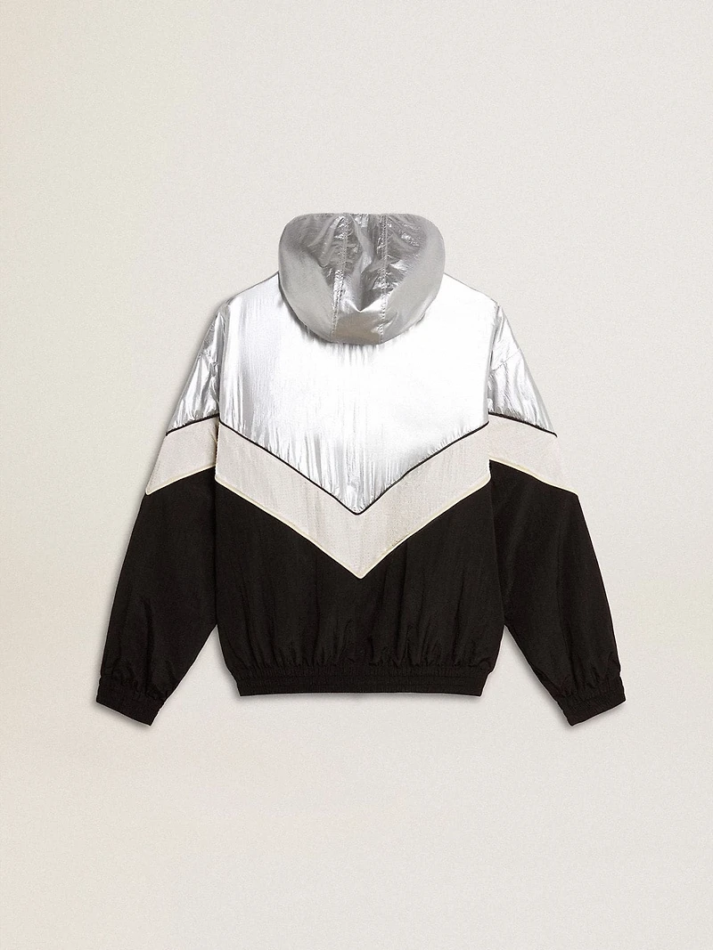 Silver, white and black zippered windproof jacket