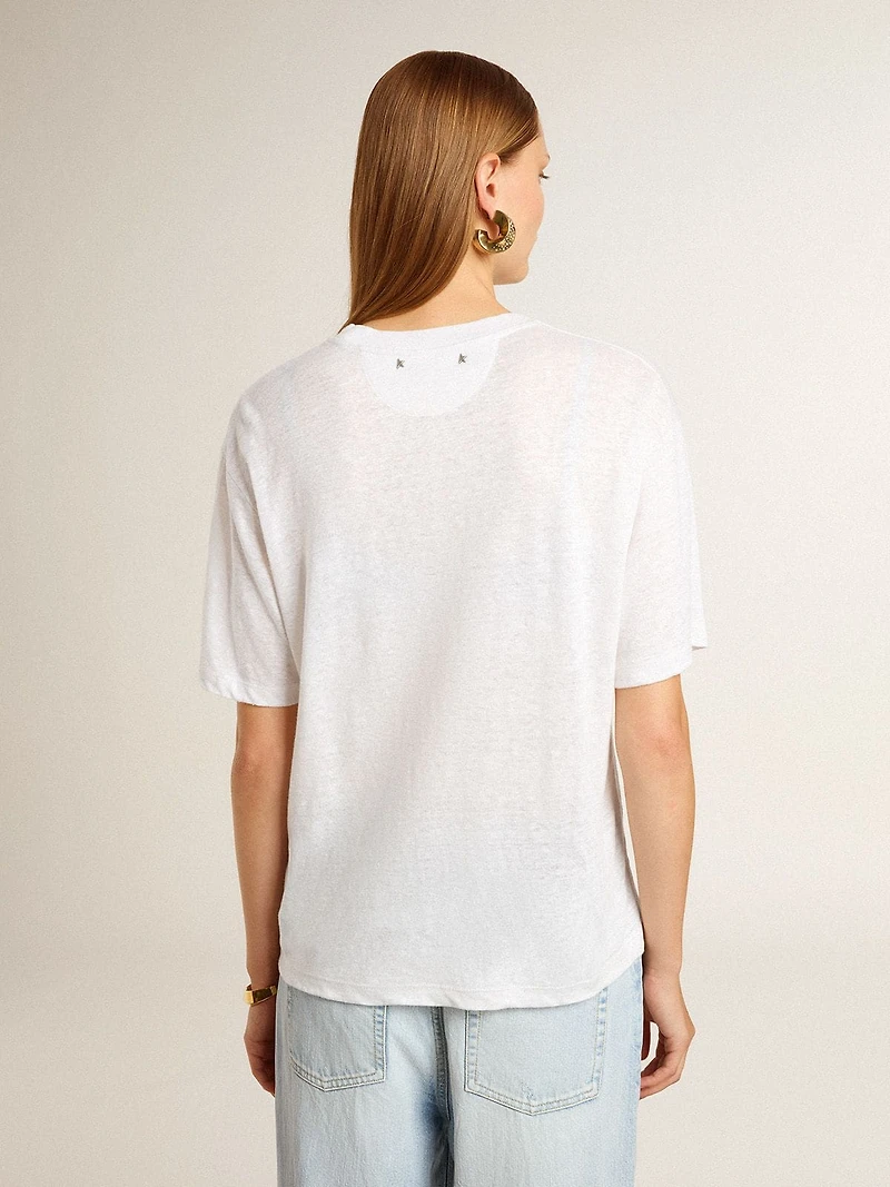 Women's lightweight white linen T-shirt with print