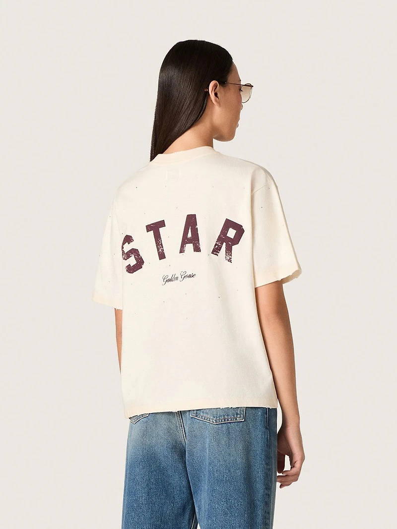 Star unisex T-shirt white cotton with all-over gradient crystals and print on the back