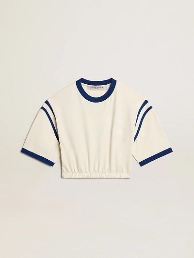 Aged white cotton cropped T-shirt with lettering on the back