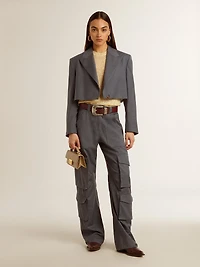 Women's single-breasted cropped jacket in baby blue wool