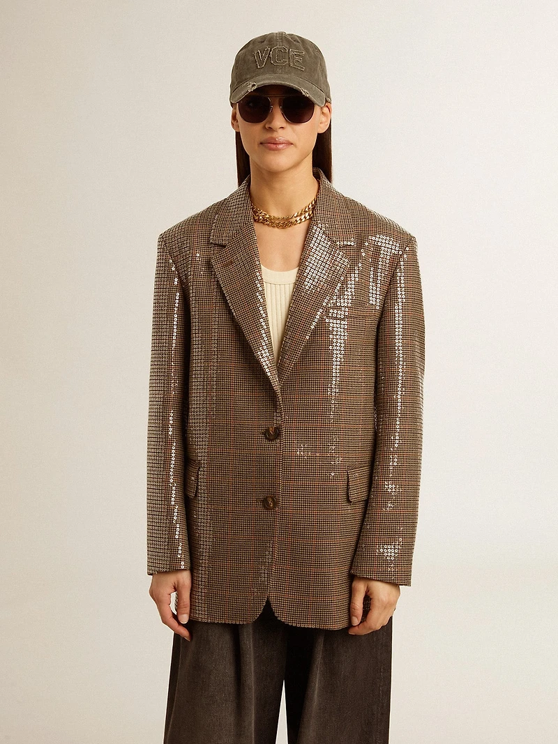 Women's houndstooth jacket with all-over sequin embroidery