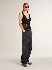 Women's distressed black cotton jeans with front patches