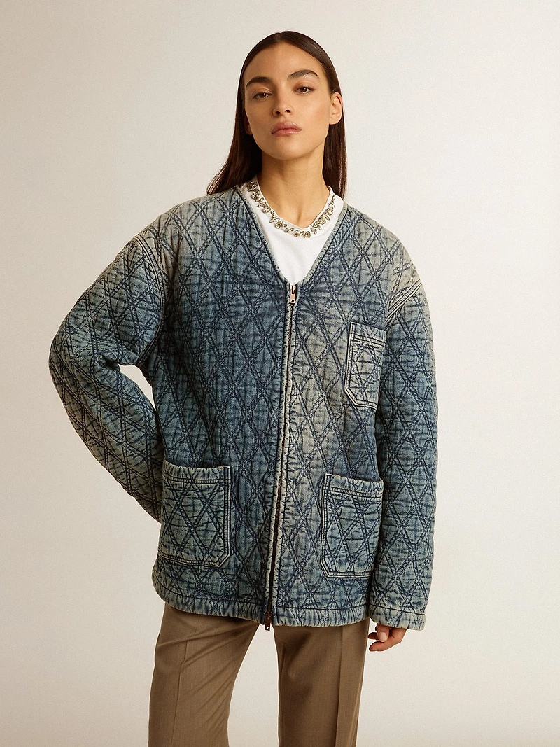 Women's blue quilted jacket cotton denim with distressed finish